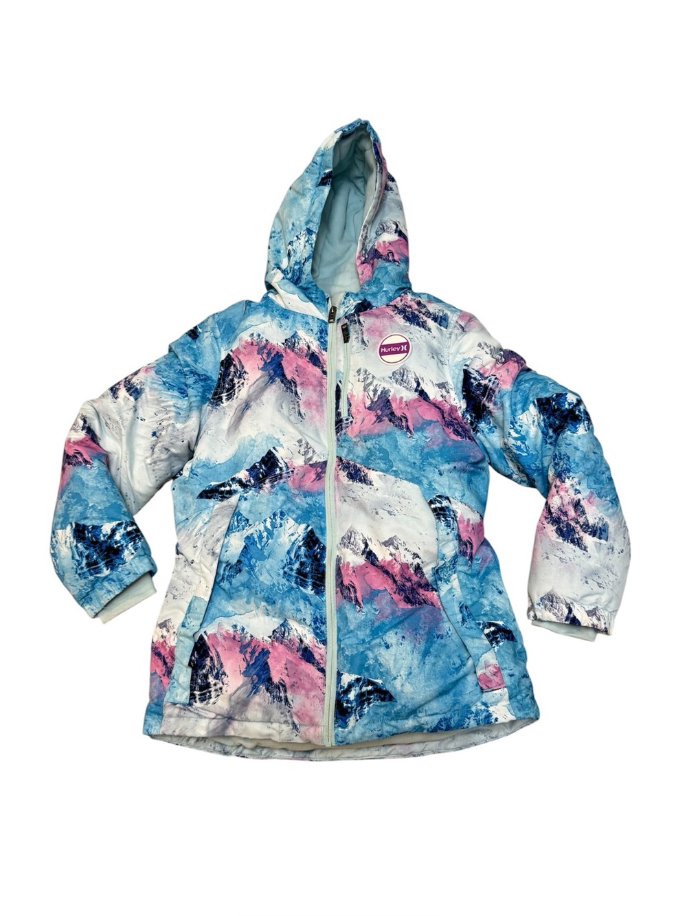Hurley Youth Girls Blue Pink Mountain Print Snowboard Heavyweight Jacket L 14/16